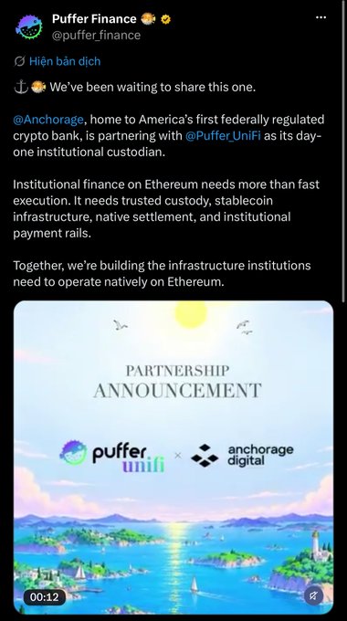 A Twitter post from Puffer Finance (@puffer_finance) announces a partnership between Anchorage Digital and Puffer UniFi, featuring an illustrated 'PARTNERSHIP ANNOUNCEMENT' graphic.