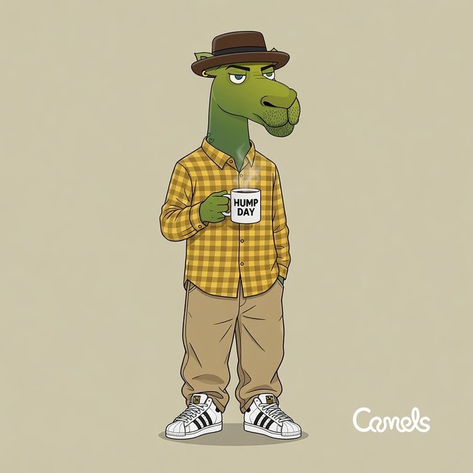 An illustration of an anthropomorphic green dinosaur or reptile wearing a brown hat, yellow plaid shirt, and khaki pants, holding a white mug labeled "HUMP DAY," with "Camels" signed in the corner.
