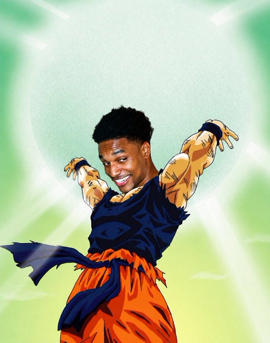 An illustrated edit showing NBA player Giannis Antetokounmpo's face superimposed onto a Dragon Ball-style character in an orange and blue martial arts outfit with arms outstretched.