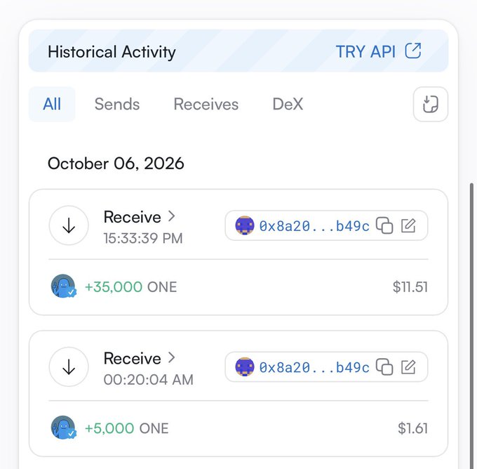 Historical Activity on a wallet shows two "Receive" transactions from address 0x8a20...b49c on October 6, 2026: +35,000 ONE ($11.51) at 3:33 PM and +5,000 ONE ($1.61) at 12:20 AM, totaling 40,000 ONE—the airdrop reward the poster received for promoting The Ones NFT mint.