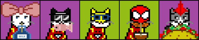 The image displays five pixel-art cat characters, each wearing different outfits including a milk carton, baseball cap, superhero mask, pirate bandana, and taco costume, lined up against a purple background. The "MILK" text on one character's costume ties into the "CASHCAT" NFT mint announcement, with the pixelated feline designs representing the project's collectible art style.