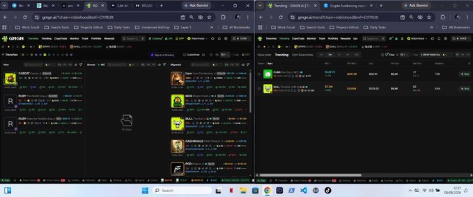 The image shows two browser windows displaying the GMGN crypto trading platform, with the left screen showing watchlists of meme coins and the right screen displaying a trending list of tokens with their market caps, liquidity, and trading metrics.

This aligns with the post's message about becoming a skilled trader (whether on-chain, forex, or meme trading) through persistent learning, as the screenshot captures an active trading setup used to monitor and analyze cryptocurrency markets.