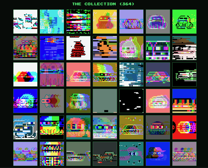Pixel art gallery display titled 'THE COLLECTION (364)' showing a grid of 42 colorful, glitchy retro-style game sprites and scenes.