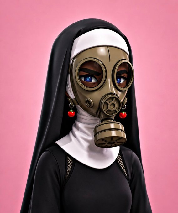 A 3D-rendered nun wearing a gas mask with cherry earrings and a black habit, set against a pink background. The image likely symbolizes the "survival" or persistence required in the volatile crypto/NFT space, aligning with the post's theme of enduring challenges over two years in Web3.