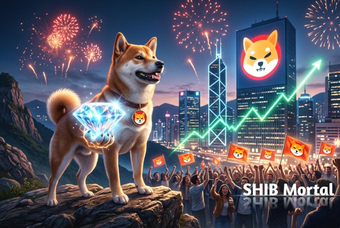 The image shows a Shiba Inu dog standing triumphantly on a rocky ledge, holding a glowing blue diamond, set against a vibrant cityscape with fireworks, a green upward trending chart, and a cheering crowd waving Shiba Inu flags—including a prominent "SHIB Mortal" logo on a skyscraper. It visually reinforces the post's bullish message, symbolizing diamond-handed SHIB holders, rising exchange outflows, and growing community strength as "the beginning" of upward momentum.