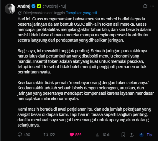 A screenshot of a tweet from Andrej (@0xdrej) translating a Grass announcement about paying network contributors with real USDC cryptocurrency instead of tokens, noting the historic shift away from subsidizing growth through inflating tokens. The caption discusses how the announcement marks a business transitioning from speculative token economics to sustainable revenue-based compensation.