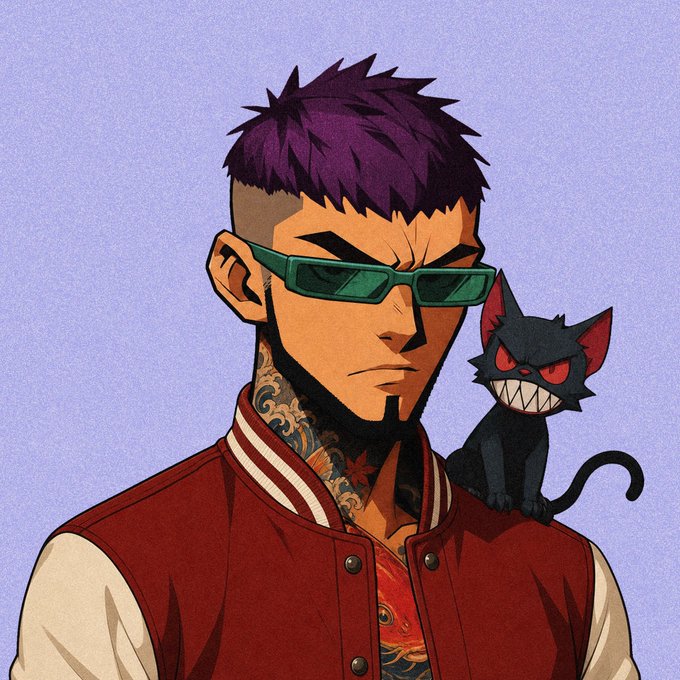 Anime-style illustration of a stern young man with spiky purple hair, green rectangular sunglasses, and a red varsity jacket, accompanied by an angry black cat perched on his shoulder.
