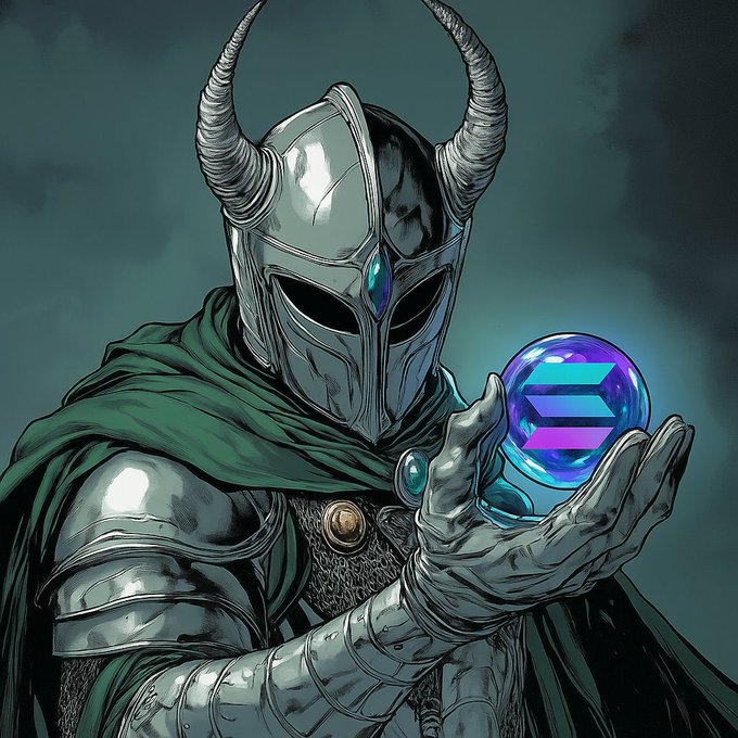 An illustration of an armored knight with a horned helmet and green cape, holding a glowing blue and purple orb containing the Solana logo.