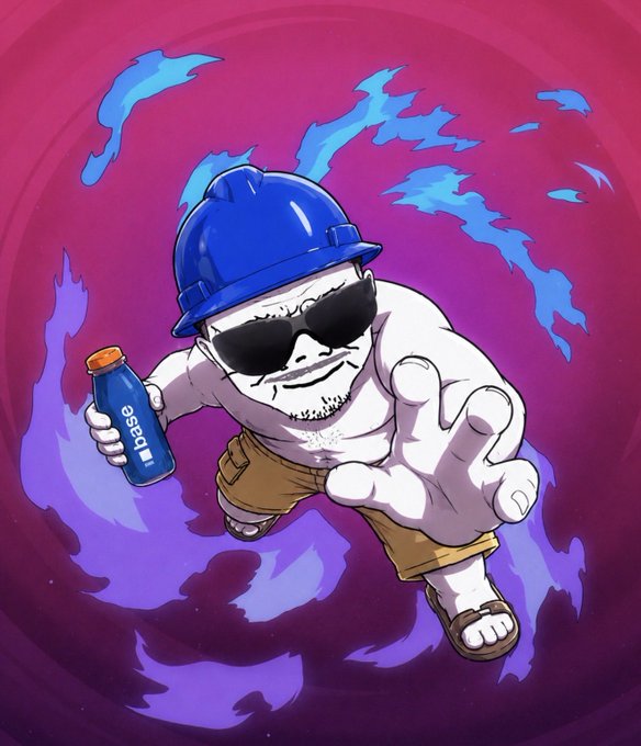 A cartoon mascot wearing a blue hard hat, sunglasses, and tan shorts lunges forward while holding a blue bottle labeled "Base" amid swirling purple and blue flames. The bold, confident pose matches the post's "don't flinch unc!" energy, channeling the Base brand's edgy, unapologetic attitude.