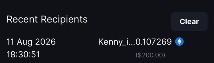 A "Recent Recipients" notification from a crypto wallet displays a $200.00 USD transfer sent to Kenny_i...0.107269 on 11 Aug 2026 at 18:30:51, with a "Clear" button on the right, confirming the donation mentioned in the post.