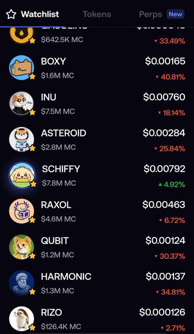 A cryptocurrency watchlist app showing tokens including BOXY, INU, ASTEROID, SCHIFFY, RAXOL, QUBIT, HARMONIC, and RIZO with their prices and percentage changes.