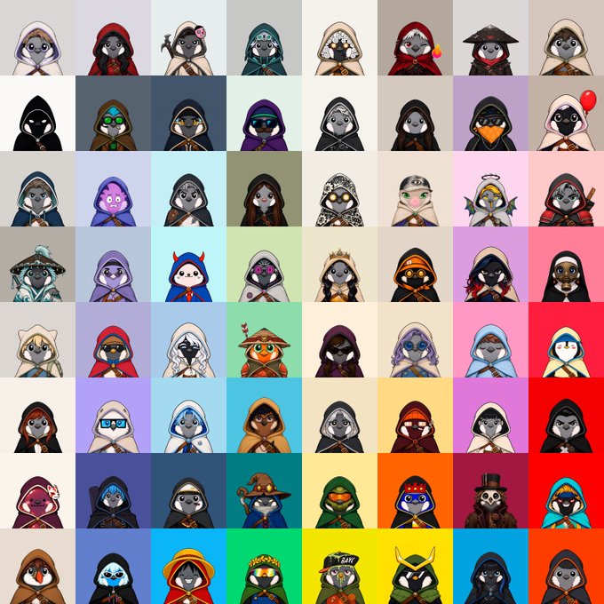 The image displays an 8x8 grid of colorful cartoon penguin avatar NFTs with various cloaks, hats, and accessories on differently colored backgrounds. This collection of penguin characters relates to the Twitter giveaway post promoting Robinhood NFT rewards, where participants are asked to follow, like, retweet, and comment with their EVM wallet for a chance to win.