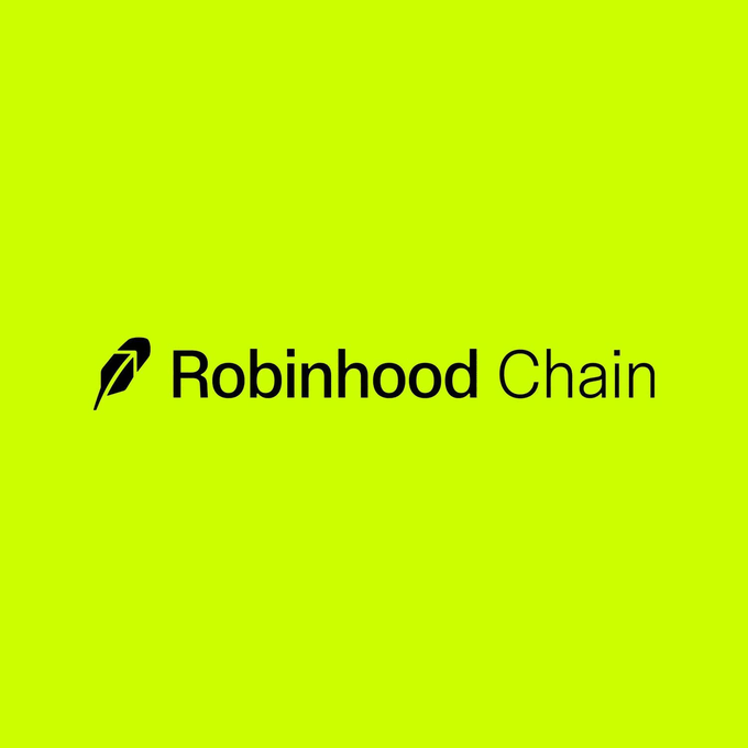 The image displays the "Robinhood Chain" logo, which is a black feather icon next to bold black text, on a bright neon green background. This directly represents the subject of the accompanying post, which highlights the growing popularity and success of Robinhood Chain.
