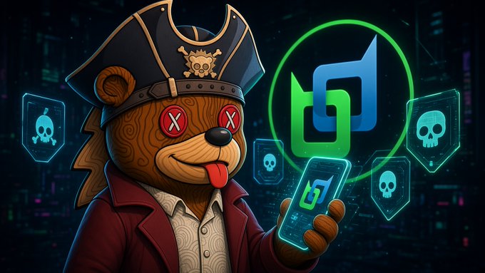 An AI-generated cartoon illustration of a pirate-themed bear character wearing a captain's hat with a straw hat logo, X-shaped eyes, and holding a glowing phone, surrounded by skull icons and a green Solana-style logo.
