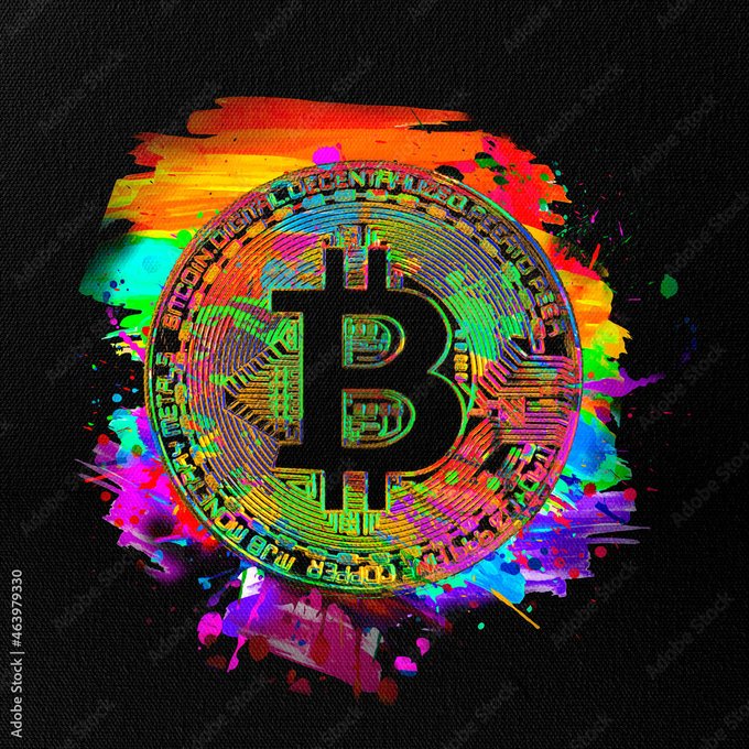 A colorful, stylized Bitcoin logo surrounded by vibrant paint splashes on a black background.