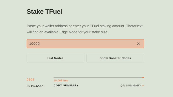 The image shows a "Stake TFuel" interface from ThetaNext with an input field containing 10,000, alongside "List Nodes" and "Show Booster Nodes" buttons, displaying Edge Node 0208 with 10,068 free capacity and the wallet address 0x19...6545. The interface visually demonstrates the platform's functionality mentioned in the post, where users can input their TFuel staking amount to find available Edge Nodes matching their stake size.