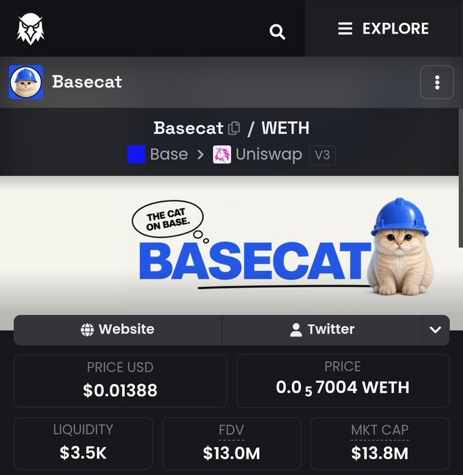 A mobile interface for the Basecat / WETH token on a Uniswap V3 pair on the Base chain, priced at $0.01388 with a market cap of $13.8M.