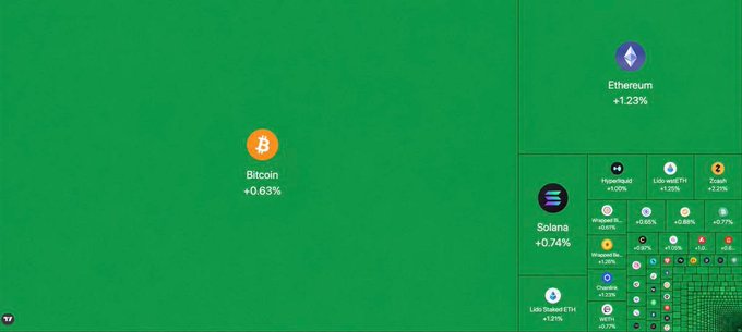 A cryptocurrency market dashboard showing Bitcoin at +0.63%, Ethereum at +1.23%, Solana at +0.74%, and several other tokens including Lido Staked ETH, displayed against a green background.