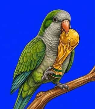 An illustrated green parrot perches on a branch while clutching the golden FIFA World Cup trophy, with no visible text or numbers in the image. The parrot symbolizes Argentina's quest for a second consecutive World Cup title, while the golden trophy represents the prize at stake in their round of 16 match against Egypt.