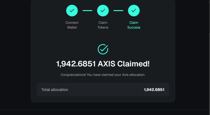 A crypto claim confirmation screen shows “1,942.6851 AXIS Claimed!” with wallet connection and token claim steps completed. It illustrates the accompanying thanks to $AXIS for providing lunch, despite the relatively modest claimed amount.