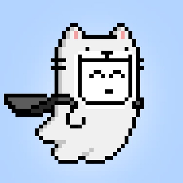 A pixel art illustration of a cute white cat-like creature holding a gun, with a slightly bored facial expression against a light blue background.