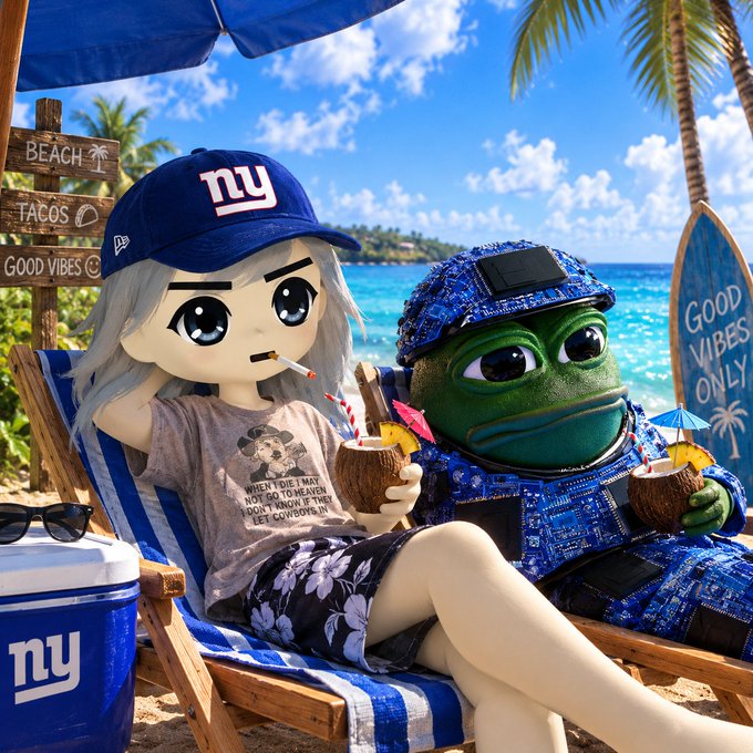 A 3D rendered beach scene showing a stylized anime-like character wearing a 'NY' Giants cap lounging on a blue-striped chair beside a green frog character in blue tactical gear, both holding coconut drinks, with signs reading 'BEACH TACOS GOOD VIBES' and a 'GOOD VIBES ONLY' surfboard.