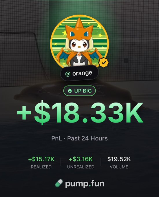 A Pump.fun profile for user "@_orange" displays impressive trading stats including +$18.33K PnL over the past 24 hours, $19.52K volume, and a prominent "UP BIG" status badge. The image illustrates the type of successful trading performance and community engagement ("cooks") the poster is celebrating, with plans to reward three random commenters with some SOL.