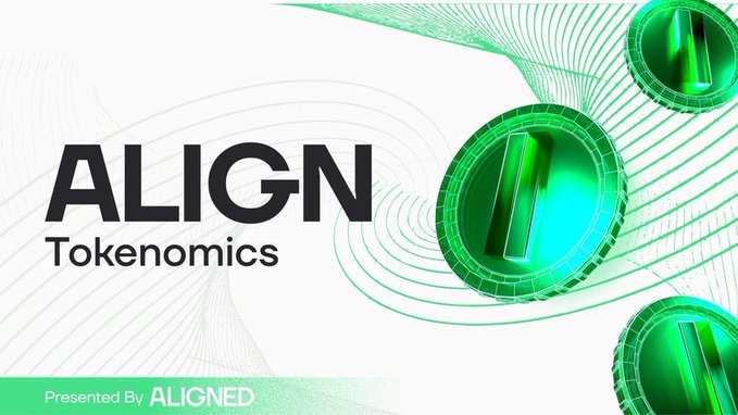A presentation slide titled 'ALIGN Tokenomics' presented by ALIGNED, featuring green 3D coin graphics and digital wave patterns.