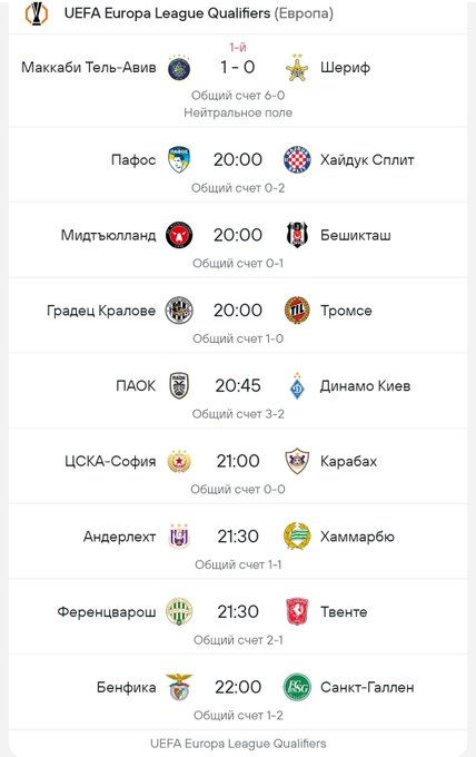 A mobile screenshot showing UEFA Europa League Qualifiers (Europa) match results and upcoming fixtures, including Maccabi Tel-Aviv 1-0 Sheriff (6-0 aggregate), Pafos vs Hajduk Split (0-2 aggregate), Midtjylland vs Besiktas (0-1), Hradec Kralove vs Tromso (1-0), PAOK vs Dynamo Kyiv (3-2), CSKA-Sofia vs Karabakh (0-0), Anderlecht vs Hamarby (1-1), Ferencvaros vs Twente (2-1), and Benfica vs Sankt-Gallen (1-2).