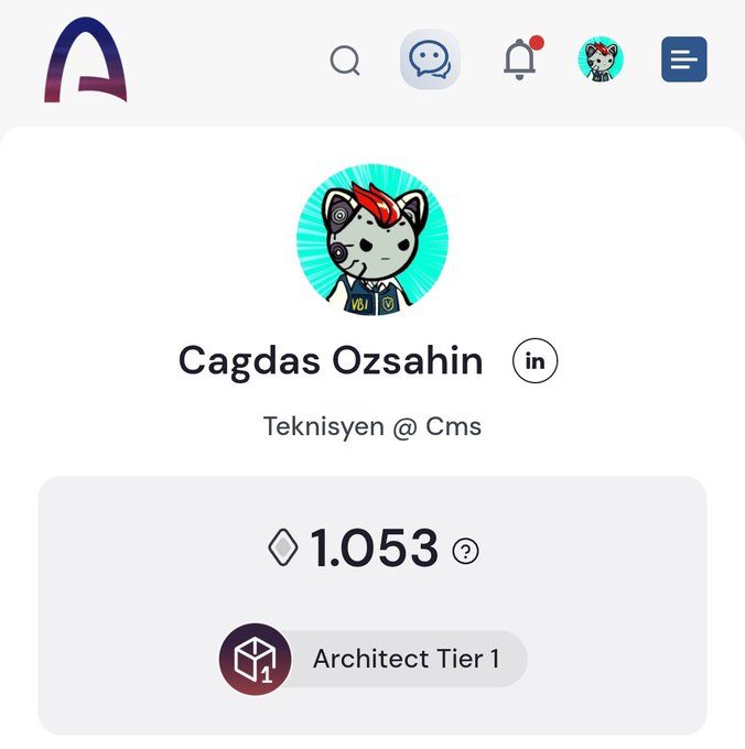 A user profile screen displays the avatar and name "Cagdas Ozsahin," who works as a "Teknisyen @ Cms" and has earned 1.053 points alongside the "Architect Tier 1" badge, visually confirming the achievement of reaching Level 1 in Arc's Architects Program as celebrated in the post.
