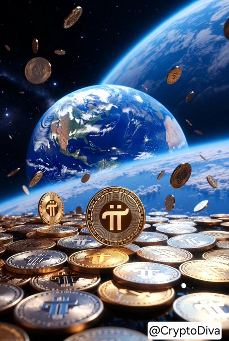 A digital artwork showing Pi cryptocurrency coins floating in space above Earth, with '@CryptoDiva' watermark visible in the corner.