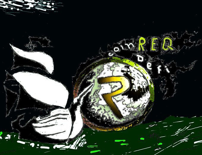 A dark digital illustration shows a white cartoon hand reaching toward a textured sphere marked with a golden '₿' Bitcoin symbol, with the text 'coinREQ' and 'DEC' floating above.