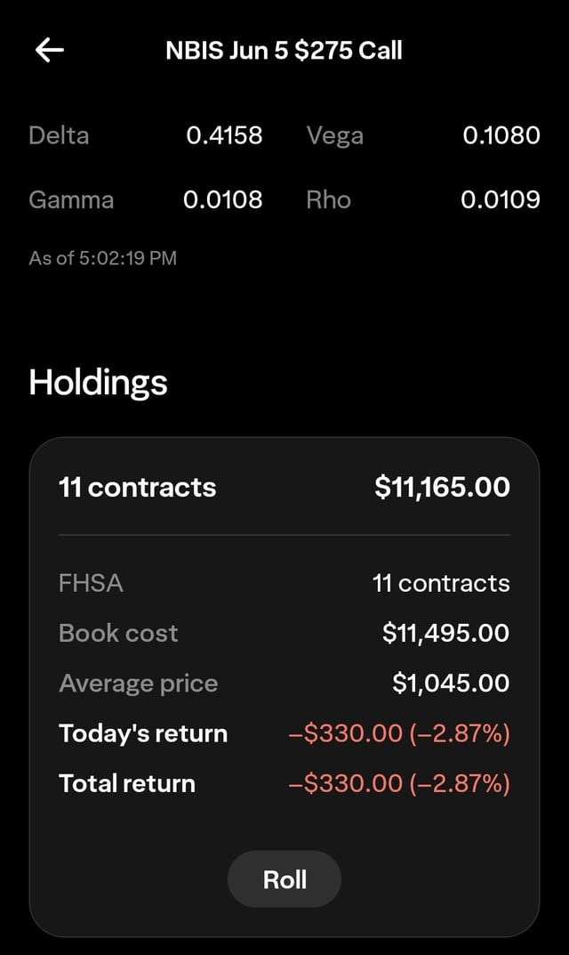 A mobile phone screen displays a graph that shows the percentage value for "70% of portfolio NBIS $275 calls June 5." The text below the image reads, "69% of portfolio NBIS $275 calls June 5". This information is relevant because it provides an understanding of the performance and potential gains or losses associated with investing in stocks during this specific date.