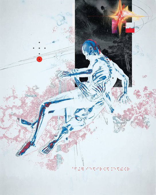 The image features a digital art piece with a blue figure that appears to be floating or flying, surrounded by red dots. The background of the artwork consists of black lines and shapes, creating an abstract and surreal atmosphere. The artist's signature can be seen in the bottom right corner of the image. Below this image, there is a post on social media that reads: "«Thought» available on @TransientLabs Link below". This suggests that the art piece might have been inspired by or related to a recent thought or idea shared on social media.