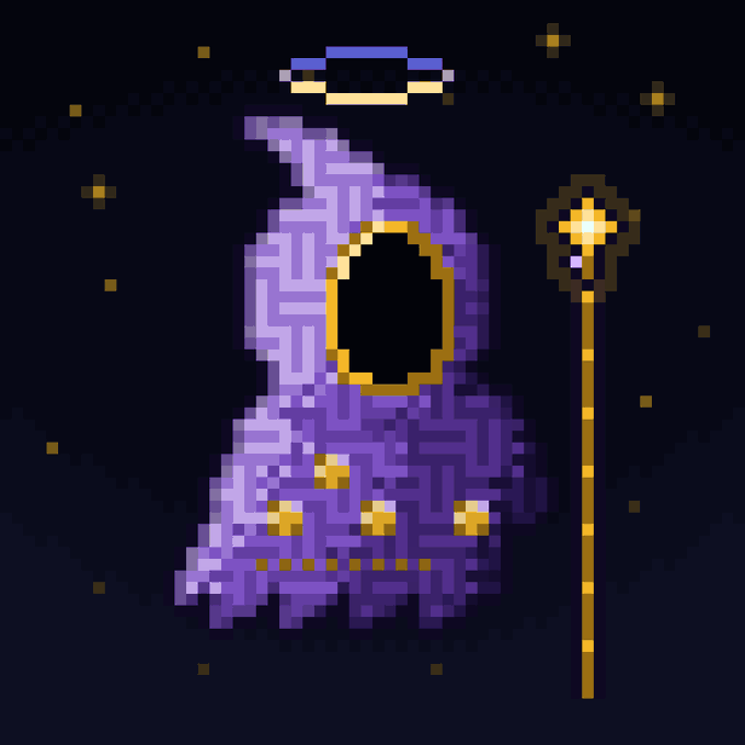 A pixel art depiction of a cloaked purple figure with a black void for a face, wearing a golden laurel wreath and holding a golden staff, set against a starry night sky.