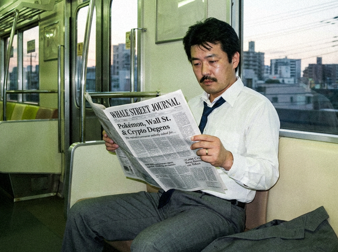 A man with a mustache, wearing a white shirt and dark tie, sits on a train reading a Wall Street Journal newspaper featuring the headline 'Pokémon, Wall St. & Crypto Degens.'
