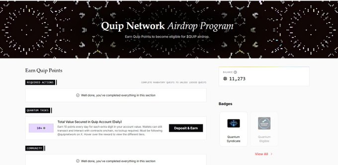 The image shows a screenshot of Quip Network's website, specifically the "Quip Network Airdrop Program" page. The main focus of this page is to provide users with information about the program they can participate in. There are several buttons on the screen that allow users to navigate through different options and learn more about the program. The image also contains text that provides details about the program, such as its purpose, how it works, and what users should expect from participating.