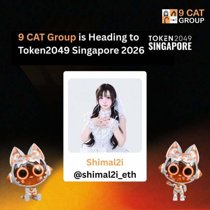 A promotional graphic stating '9 CAT Group is Heading to Token2049 Singapore 2026' featuring 'Shimal2i @shimal2i_eth' flanked by two cat-like astronaut characters.