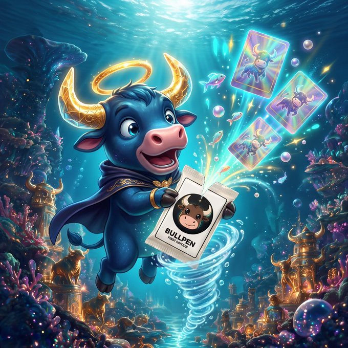 A vibrant illustration of a blue bull character with golden horns and a halo opening a 'BULLPEN FIRST EDITION' card pack underwater, with magical cards floating out.