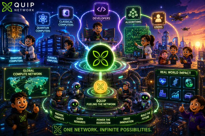 A vibrant cartoon-style infographic for "QUIP NETWORK" illustrates a futuristic city where developers, users, quantum computers, and classical computers connect through a central hub labeled "SQUIP FUELING THE NETWORK," highlighting pillars like algorithms and real-world impact alongside the tagline "ONE NETWORK. INFINITE POSSIBILITIES."

The image visually reinforces the post's message by depicting QUIP not as a mere cryptocurrency, but as a unified global compute ecosystem—shown by interconnected nodes representing quantum and classical hardware, developers, and users all powering a shared network that delivers real-world innovation.
