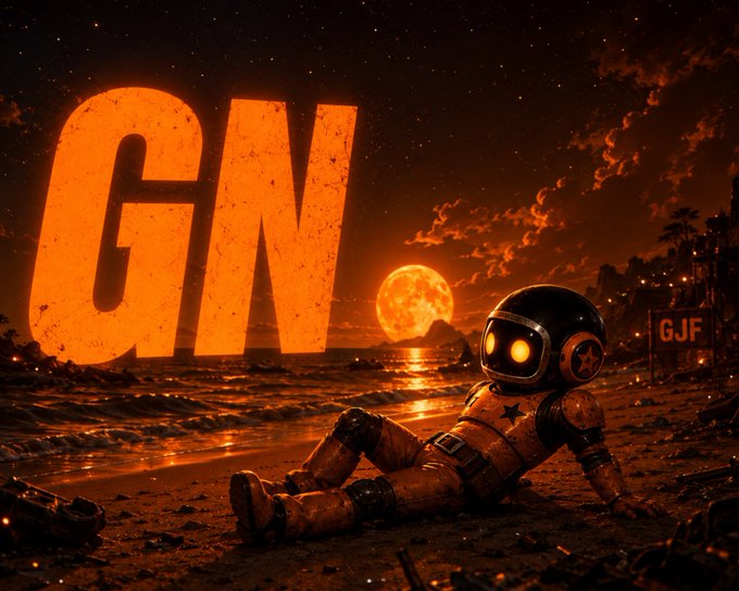 A sci-fi themed graphic featuring a retro robot on a beach at sunset, with large orange letters 'GN' on the left and a 'GJF' watermark on the right.