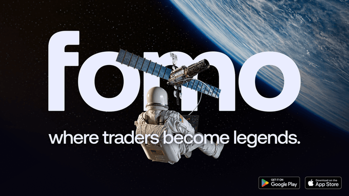 An advertisement for the 'forlo' app with the tagline 'where traders become legends,' showing an astronaut floating in space with Earth in the background, available on Google Play and the App Store.