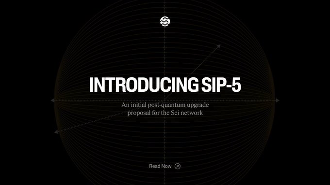 A black promotional graphic with a circular radar-like design announcing 'INTRODUCING SIP-5: An initial post-quantum upgrade proposal for the Sei network' with a 'Read Now' button.