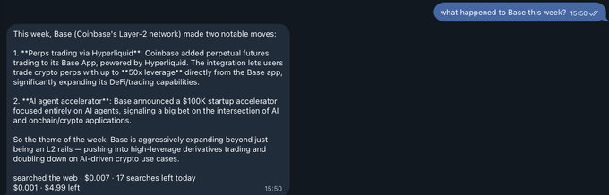A screenshot shows a chat message describing how Coinbase's Layer-2 network Base made two notable moves this week: adding perpetual futures trading to its Base App via Hyperliquid (enabling up to 150x leveraged crypto perp trading) and announcing a $100K AI agent accelerator. The image supports the accompanying post's narrative about an AI agent autonomously purchasing the answer to "what happened to Base this week?" for $0.007 in USDC on Base, with the post noting 17 searches remained and a $4.99 left balance.