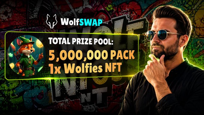 Promotional graphic for WolfSWAP featuring a wolf mascot, a man in sunglasses, and a total prize pool of 5,000,000 PACK plus 1x Wolfies NFT.
