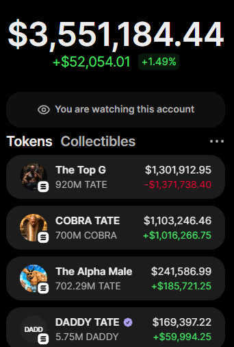 The image displays a crypto portfolio dashboard showing a total balance of $3,551,184.44 (+$52,054.01, +1.49%), with a "Tokens" tab featuring holdings like "The Top G" (920M TATE, $1,301,912.95) and "COBRA TATE" (700M COBRA, $1,103,246.46), suggesting the portfolio is heavily weighted toward Tate-related memecoins that fuel the "Tate vs Ansem" rivalry mentioned in the post.