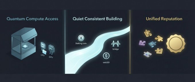 A promotional graphic featuring three sections: "Quantum Compute Access" with CPU/GPU icons, "Quiet Consistent Building" showing a flowing river with bridge, staking coin, and sUSD icons, and "Unified Reputation" displaying puzzle pieces and a badge.