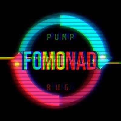 A neon-styled logo with cyan and pink glowing rings displaying 'PUMP FOMONAD RUGBY' in stylized lettering.