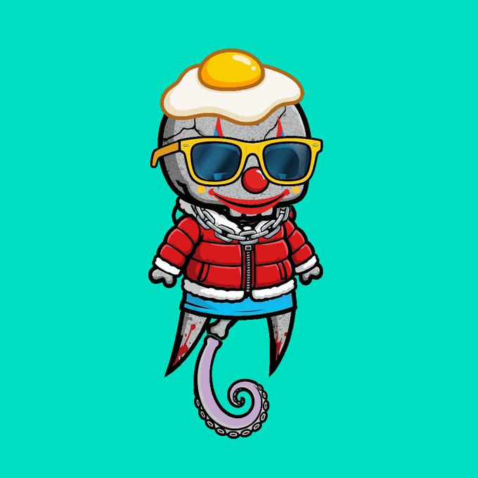 A cartoon character resembling a frying pan or frying pan-shaped head with a sunny-side-up egg on top, wearing yellow sunglasses, a red puffer jacket, and a chain necklace, with a purple octopus-like tentacle lower body against a teal background, fitting the "Re-Animated" NFT collection theme of quirky hybrid creatures.