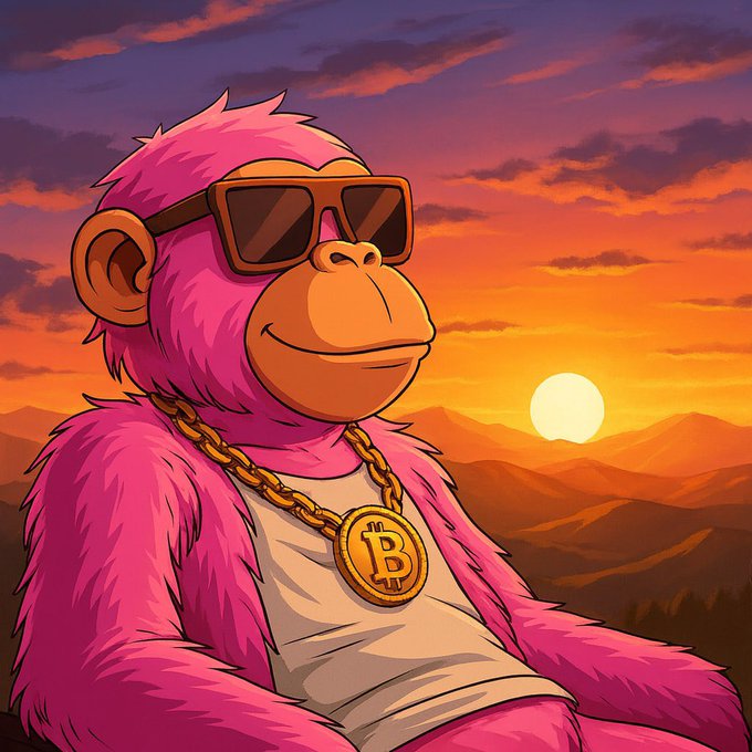 A vibrant cartoon illustration of a pink gorilla wearing sunglasses and a Bitcoin chain necklace, sitting against a sunset backdrop.